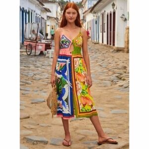 FARM Rio Multicolor Floral & Bird Print Midi Dress - Pink, Green, Blue, Orange